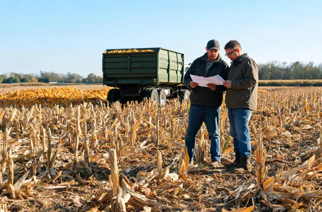 Harvest logistics discussion beside a forage wagon
