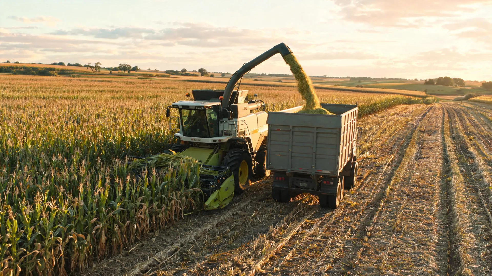 Forage harvesting equipment beside a chopped maize field